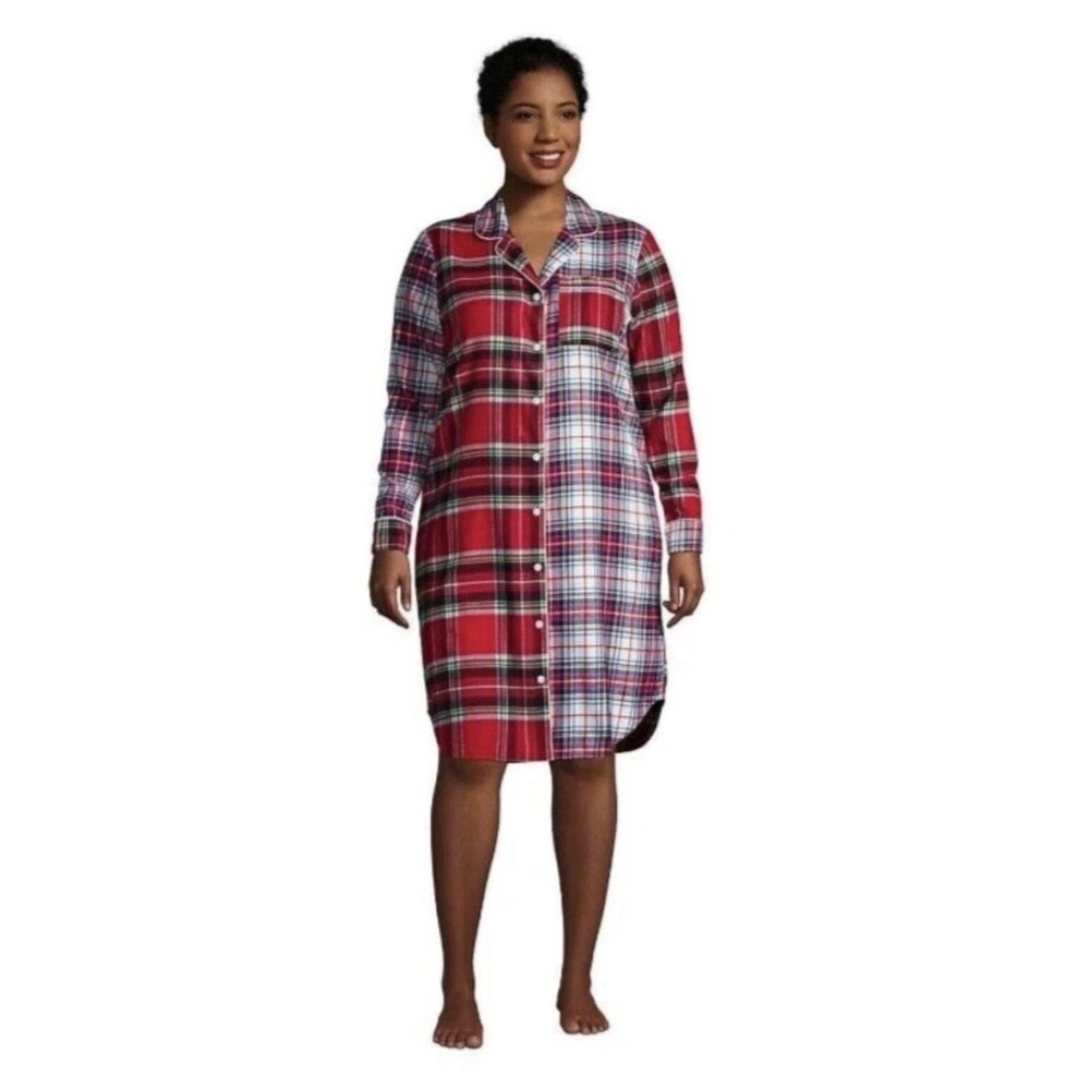 NWT Womens Lands' End Patchwork Plaid Flannel Night Sleep Shirt Gown Size Medium